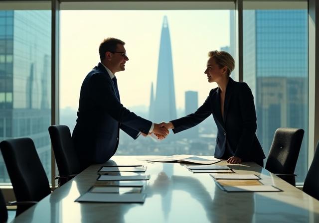 Business partners reviewing high-stakes commercial agreements in a modern London office