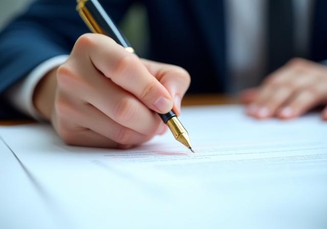 Close-up of a legal professional redlining a document with a fountain pen