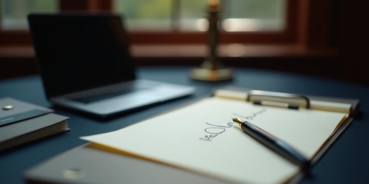 A desk with a laptop and scattered legal papers showing a signature line